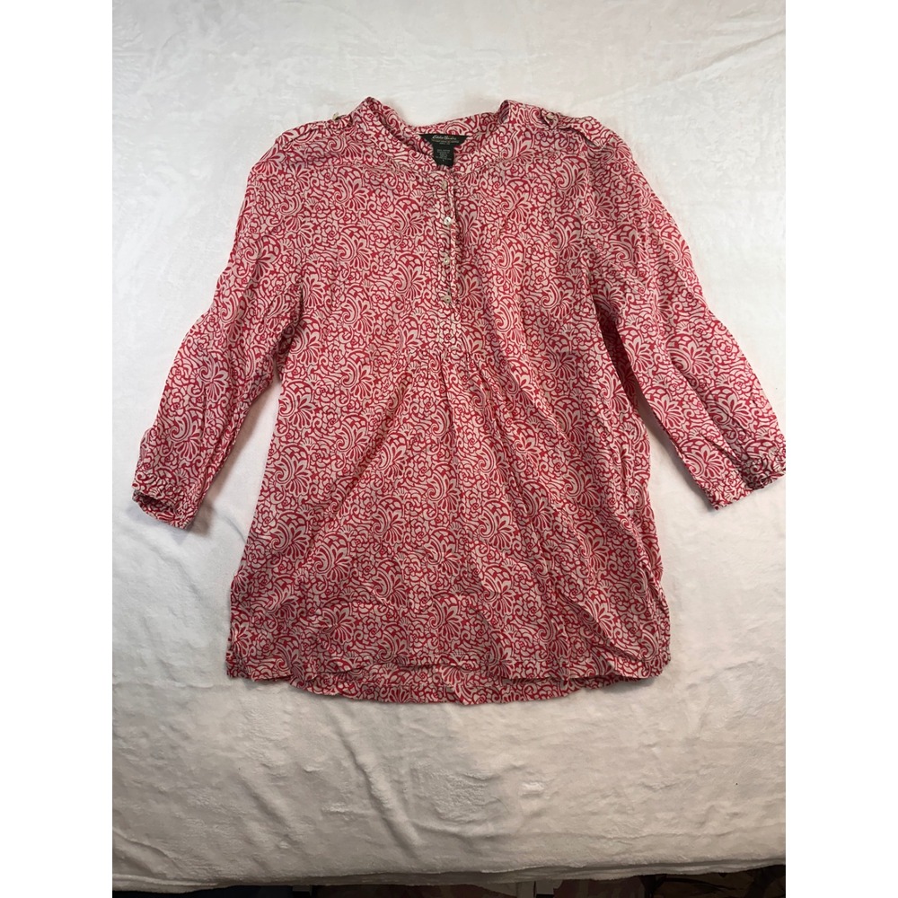 Eddie Bauer Henley Tunic Blouse L Red White Floral 3/4 Sleeve Cotton Women